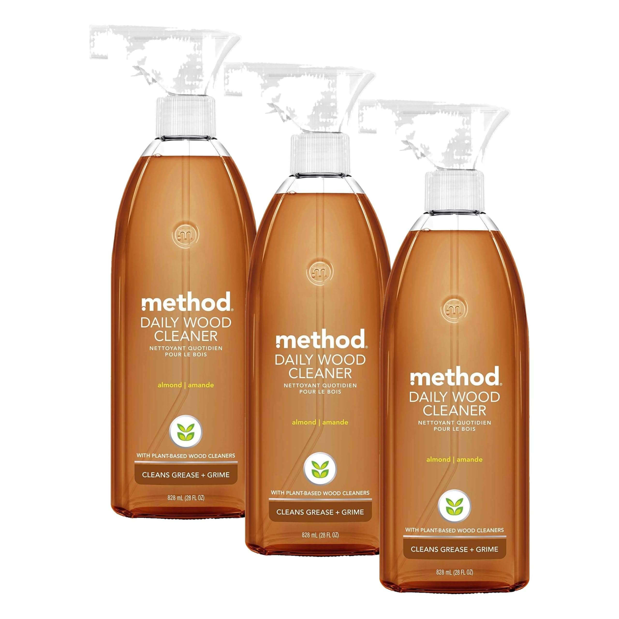 Method Daily Wood Cleaner, Almond, Cleans Shelves, Tables and Other Wooden Surfaces While Removing Dust &amp; Grime, 28 oz Spray Bottles, (Pack of 3)
