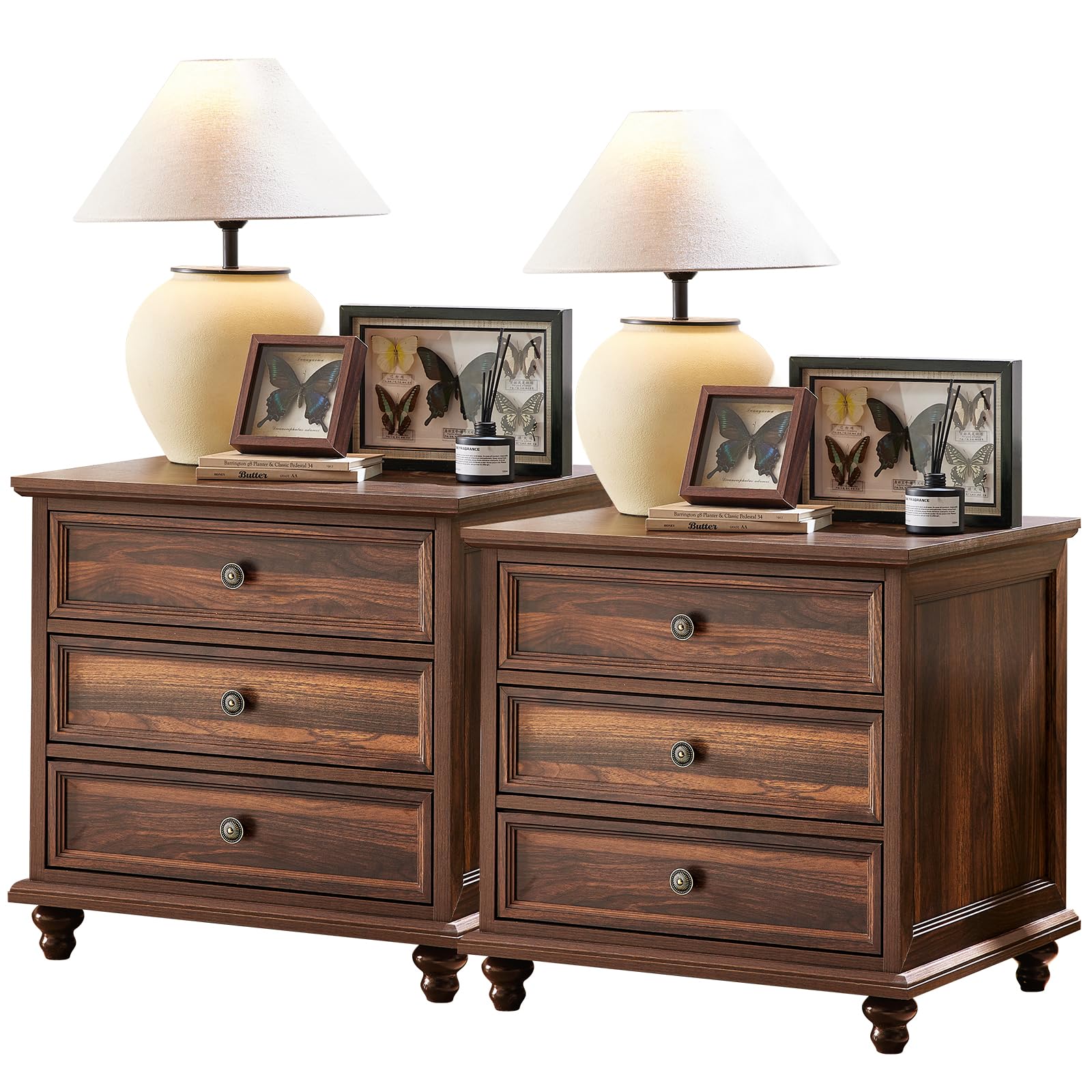 Joaxswe 24" Wide Farmhouse Night Stand Set of 2,Large End Table with 3 Drawers & Metal Handle,Brown Wood Dresser for Bedroom Cabinet, Bed Side Table