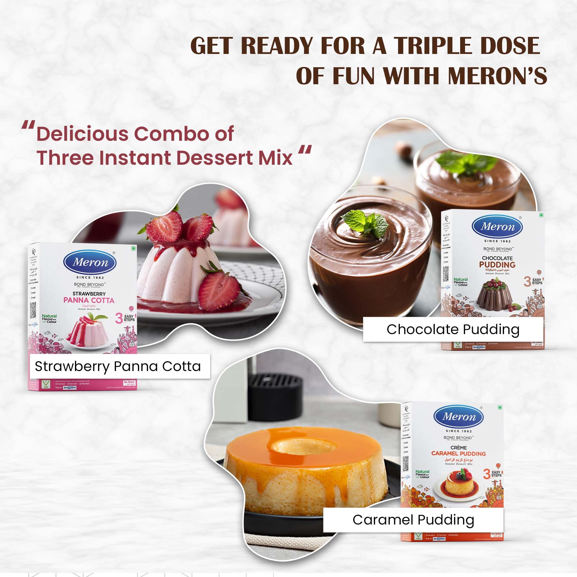 Meron’s Instant Dessert Mix Combos | Strawberry Panna Cotta | Caramel Pudding| Chocolate Pudding | Natural Flavour & Colour | Preservative-Free | Vegan - Image 3 thumbnail