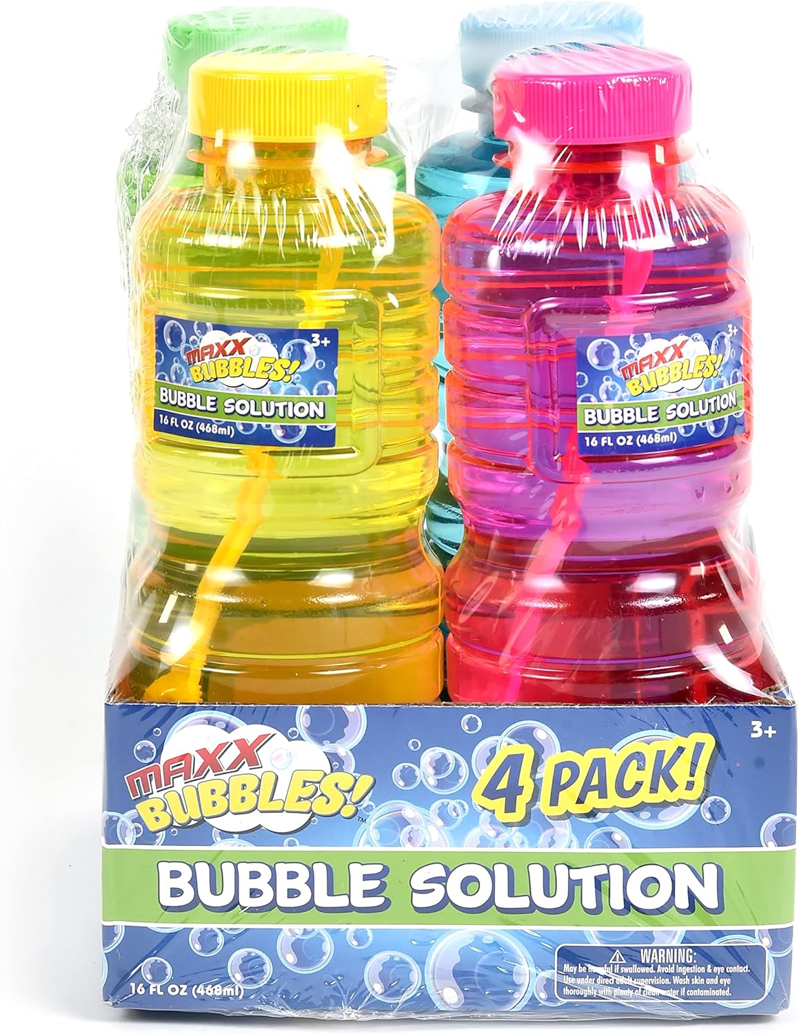 Sunny Days Entertainment Maxx Bubbles 16oz Bubble Solution - 4 Bottles, Pink, Yellow, Green, Blue, Small (101795)