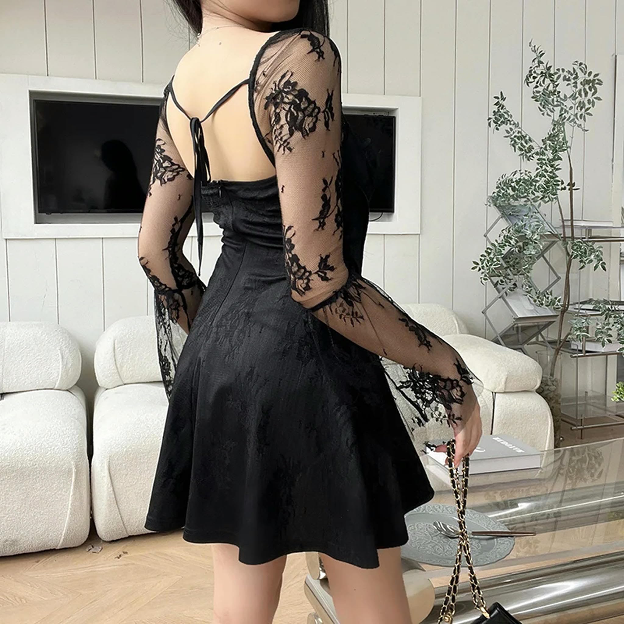 Abito da Donna a Maniche Lunghe Svasate Elegante Scollo Quadrato con Lacci e plissettatura a Trapezio, Abiti da Festa-Avorio-M