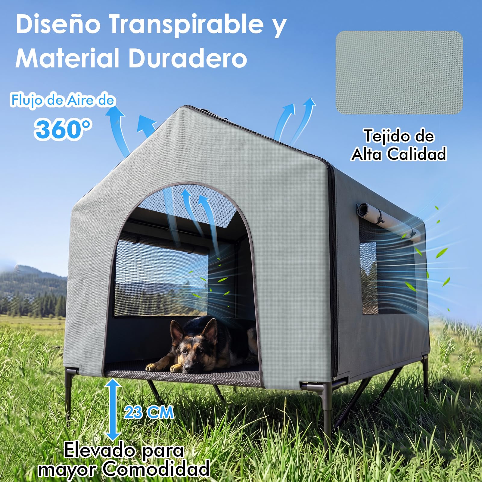 Caseta para perros Grande con Techo 100cm,3 en 1 Casa Perro Impermeable | Casa de Perro Exterior con Cortina Opaca, Elevada Cama Perro Impermeable y Protección UV 50+, Caseta Perros Resistente Jardín