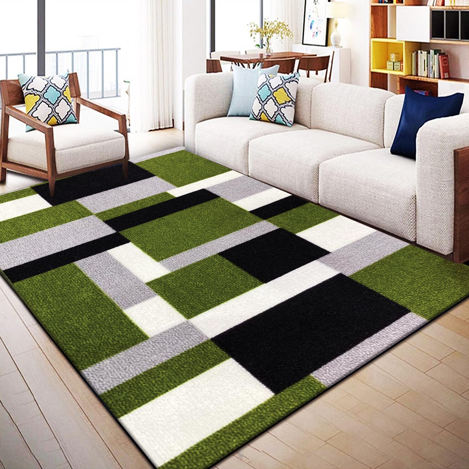 Rugs Inn Kilas Area Rug– Soft Solid Bright Color Geometric Non-Shed Low Pile Distressed Washable Large Rug for Bedroom Lounge Living Room (120 x 170 cm, Green Black)