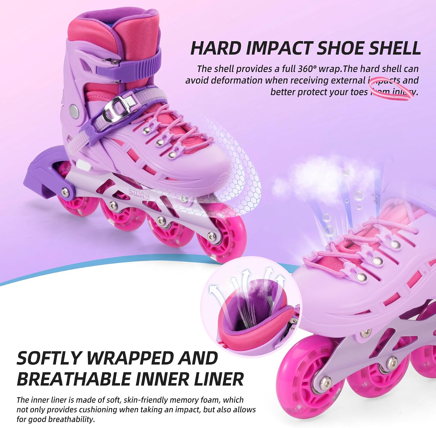 SWAY Inline Skates 4 Size Adjustable for Girls and Boys, All Wheels Light Up, Outdoor Inline Skates for Kids and Youths Age 4-16 (Purple, Large - Youth & Adult(4-7 US))