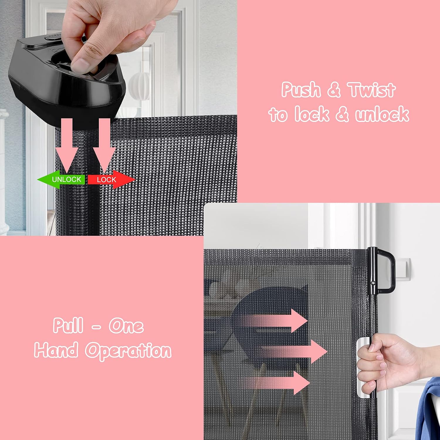 Babepai Retractable Baby Gate Black Wide- 34” Tall Extends Up to 55” Wide Safety Mesh Stairs Gate for Kids or Pets Dogs Gate for The House/Doorways/Banister/Hallways/Deck/Indoor/Outdoor