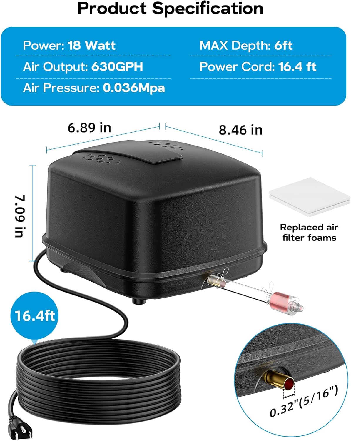 Antfraer Pond Aerator 635GPH, 40L/min High Output Outdoor Pond Air Pump, Ultra Quiet 43dB IP65 Waterproof Septic Aerator for Koi Pond, Water Garden, Fish Tank & Winter Ice Prevention