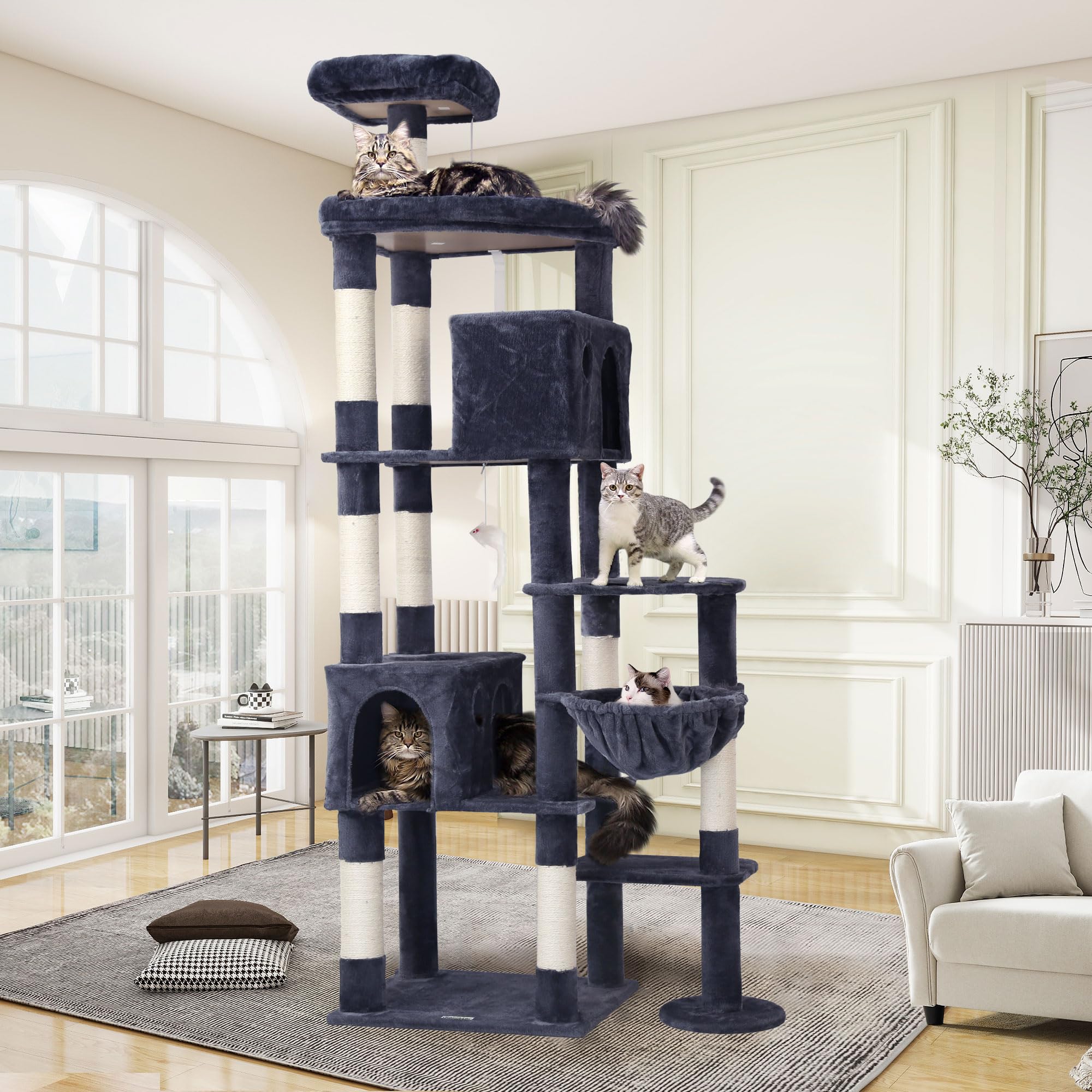 Globlazer Tiragraffi per Gatti XXL, Albero Gatti Grandi Alto 213 cm con 2 Grotte, Grande Piattaforma, Trespoli Imbottiti, Cesto, Torre del Gatto Stabile per Grandi Gatto Adulti (F83, Grigio Scuro)