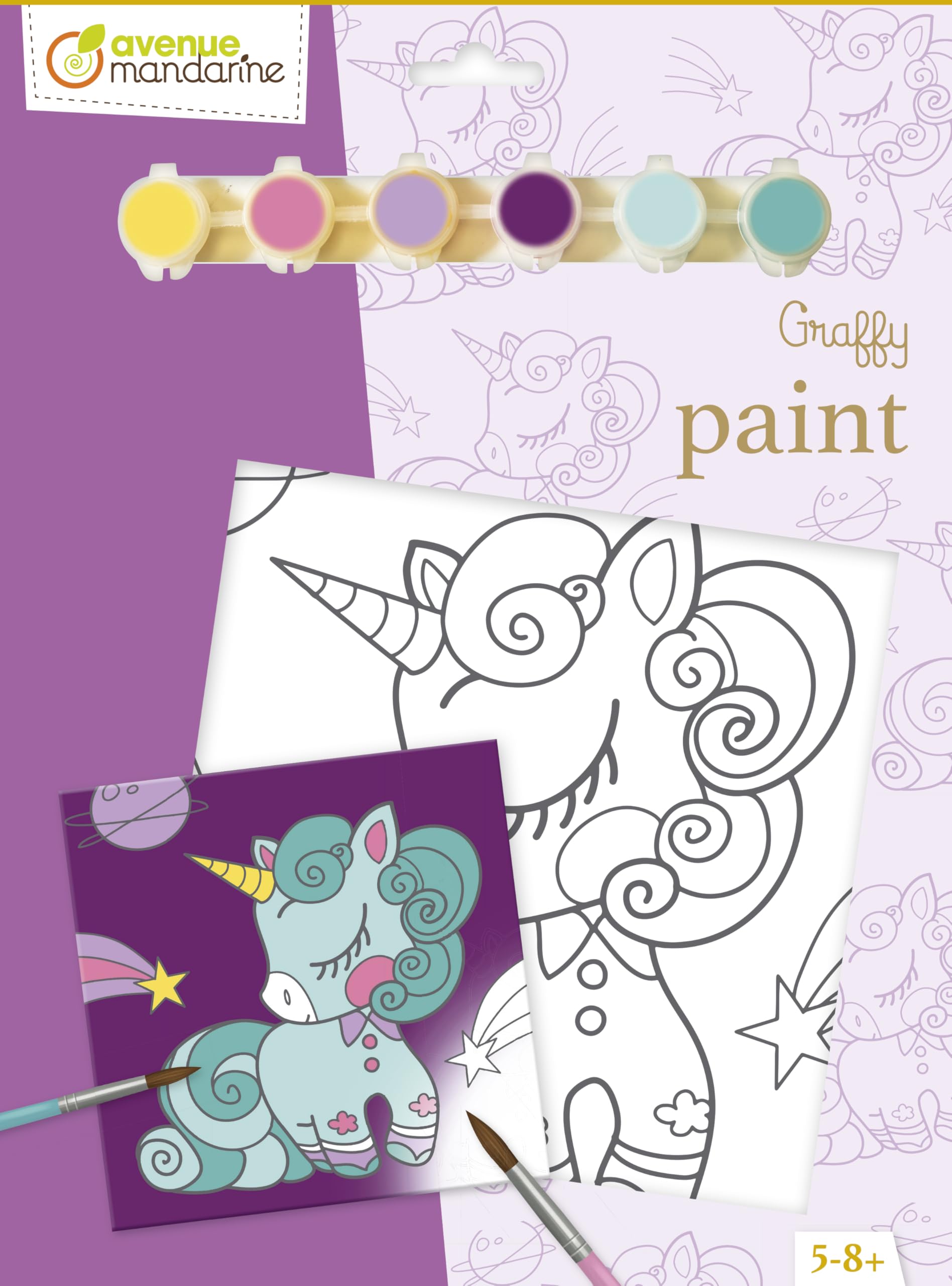Avenue Mandarine - Ref PP018O - Juego de actividades de pintura Graffy - Unicornio - Lienzo de cartón predibujado, 20 x 20 cm, 6 pinturas para usar, apto para edades de 5 a 8 años
