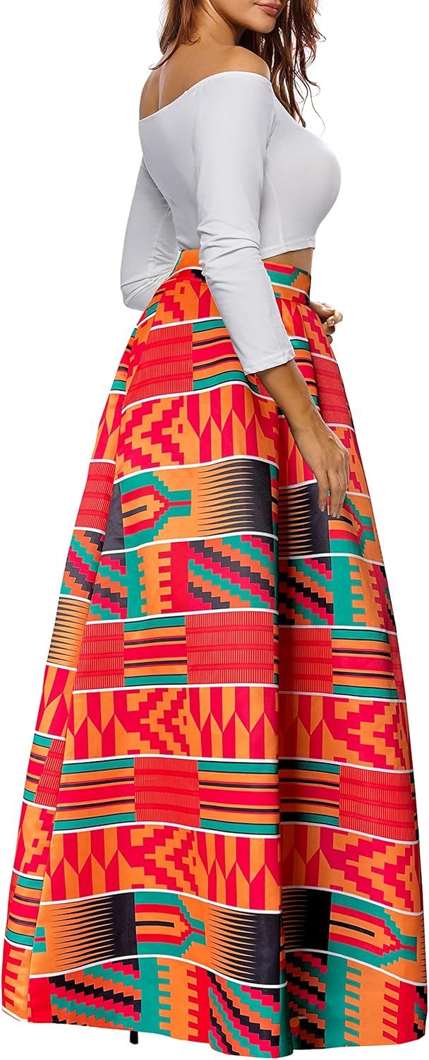 Afibi Women African Printed Maxi Skirt Flared Skirt A Line Long Skirts with Pockets S-5XL - Image 3