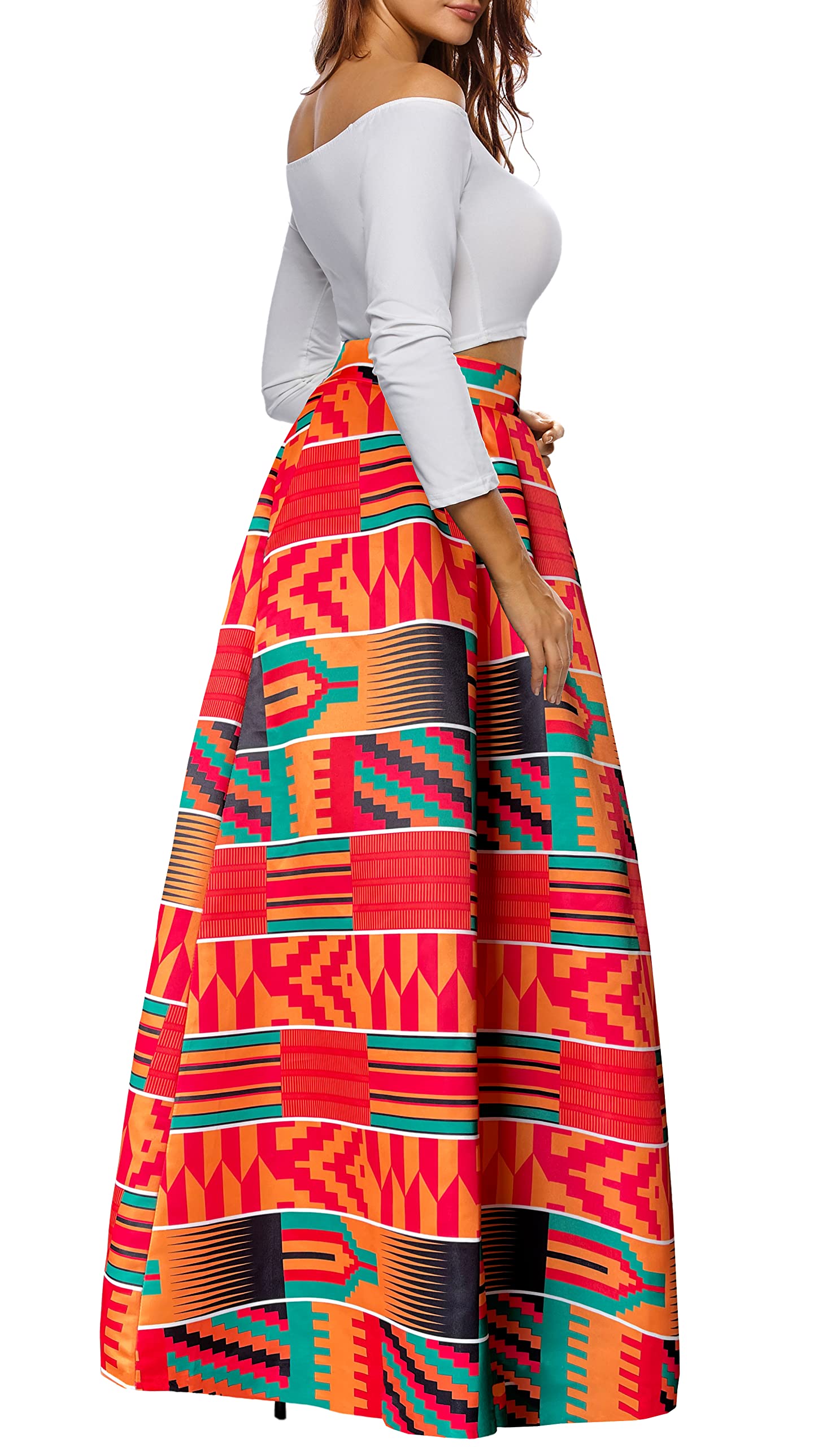 Afibi - Falda larga acampanada con estampado africano para mujer, con bolsillos, tallas S-5XL