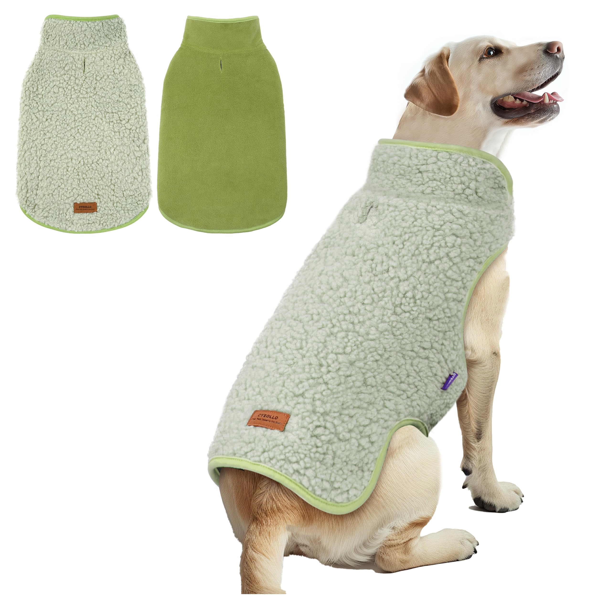 cyeollo Warm Dog Coat Fleece Sherpa Winter Sweater, Reversible Large Dogs Jacket Vest with Leash Hole, Soft Coats for Large Dogs Cold Weather, Green,