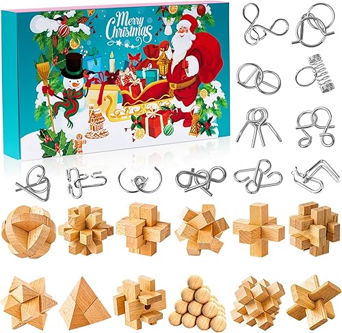 Brain Teaser Calendario de Adviento 2025 para niños, calendario de cuenta regresiva de 24 días de Navidad con rompecabezas de metal y madera 3D,