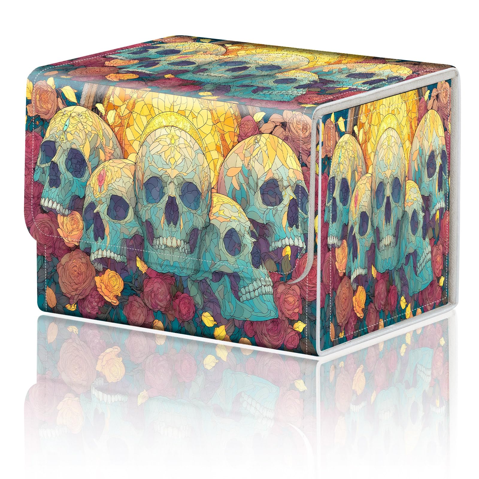 for TCG Deck Box Compact Portable MTG Card Box Organizer Trading Card Case Commander Deck Box MTG Card Game Storage Box Magnetic Closure Creative Pattern Up to 200 Cards, Stained Glass Skull Rose โ image 1