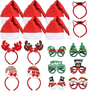 EEOCWF 18 Pcs Christmas Glasses Frame Christmas Headbands Christmas Hats Set, Hair Hoop Eyewear Eyeglasses Christmas Decoration, Santa Hat Christmas Photo Props for Xmas Party Supplies Holiday Favors