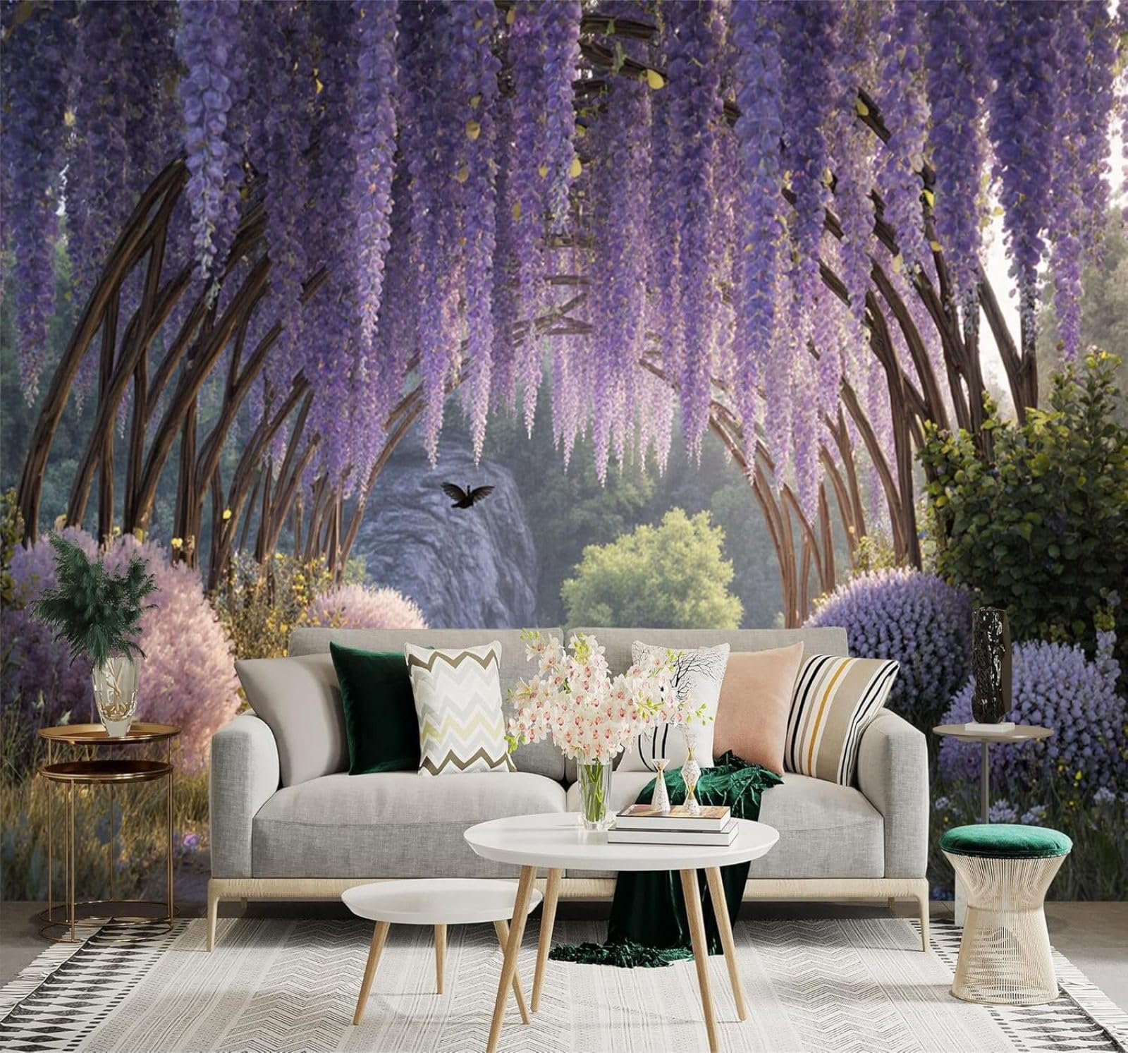 XLMING Purple Flowers Vines Tunnel Butterflies Garden 3D Wallpaper Silky Texture Home Study Office Grey Dining Room Sofa Bedroom Living Room TV Backdrop-250cm×170cm
