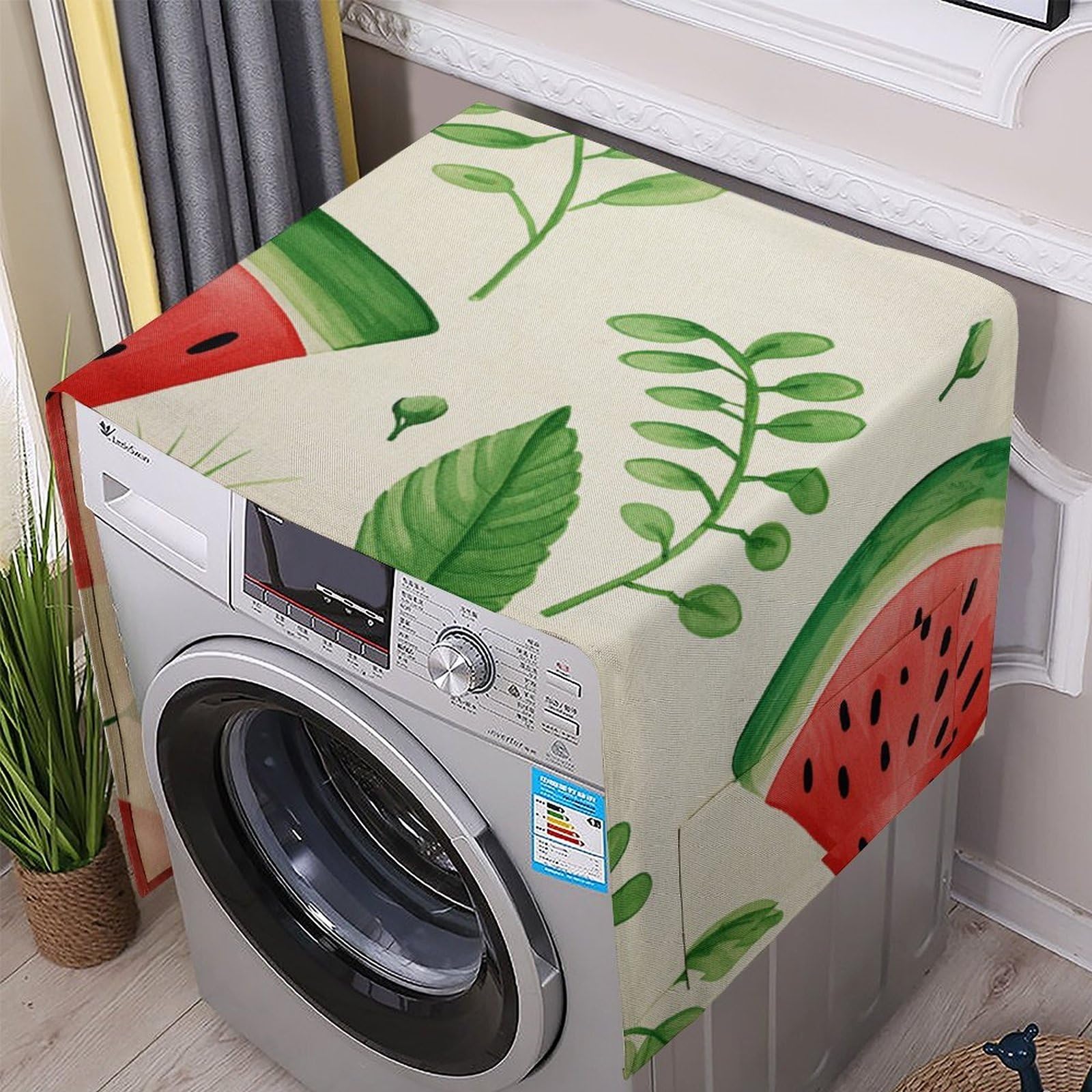Fodpand White Washing Machine Cover For Top Load Dustproof Watermelon Pattern Washer And Dryer Cover With Storage Pockets Household Appliance Covers Washable Top Protector Mat Pad For Laundry & Kitchen