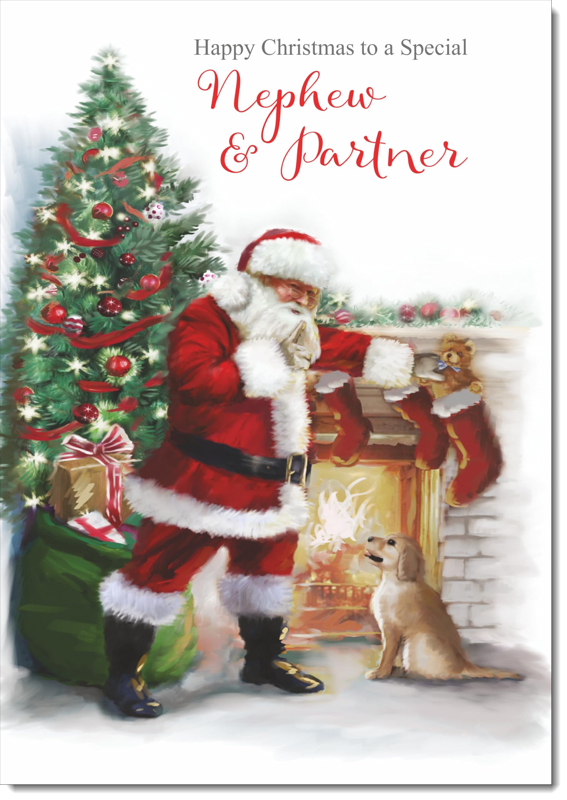 doodlecards Nephew and Partner Christmas Card Santa by Christmas Tree Large A4 Size Christmas Card for Nephew & Partner with Plain Envelope