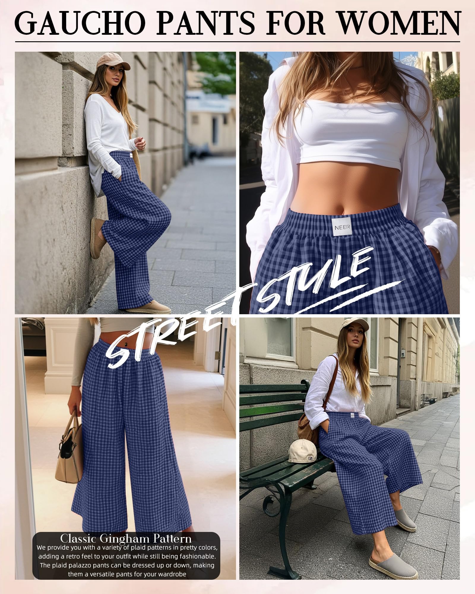 Neer Pantalon Femme Carreaux Vichy Taille Haute Élastique Fluide Large Coupe Palazzo avec Poches | Pantalon jupe, carreaux, jupes, fluide, ample, surdimensionné, pantalon habillé, pantalon de pyjama, taille élastique