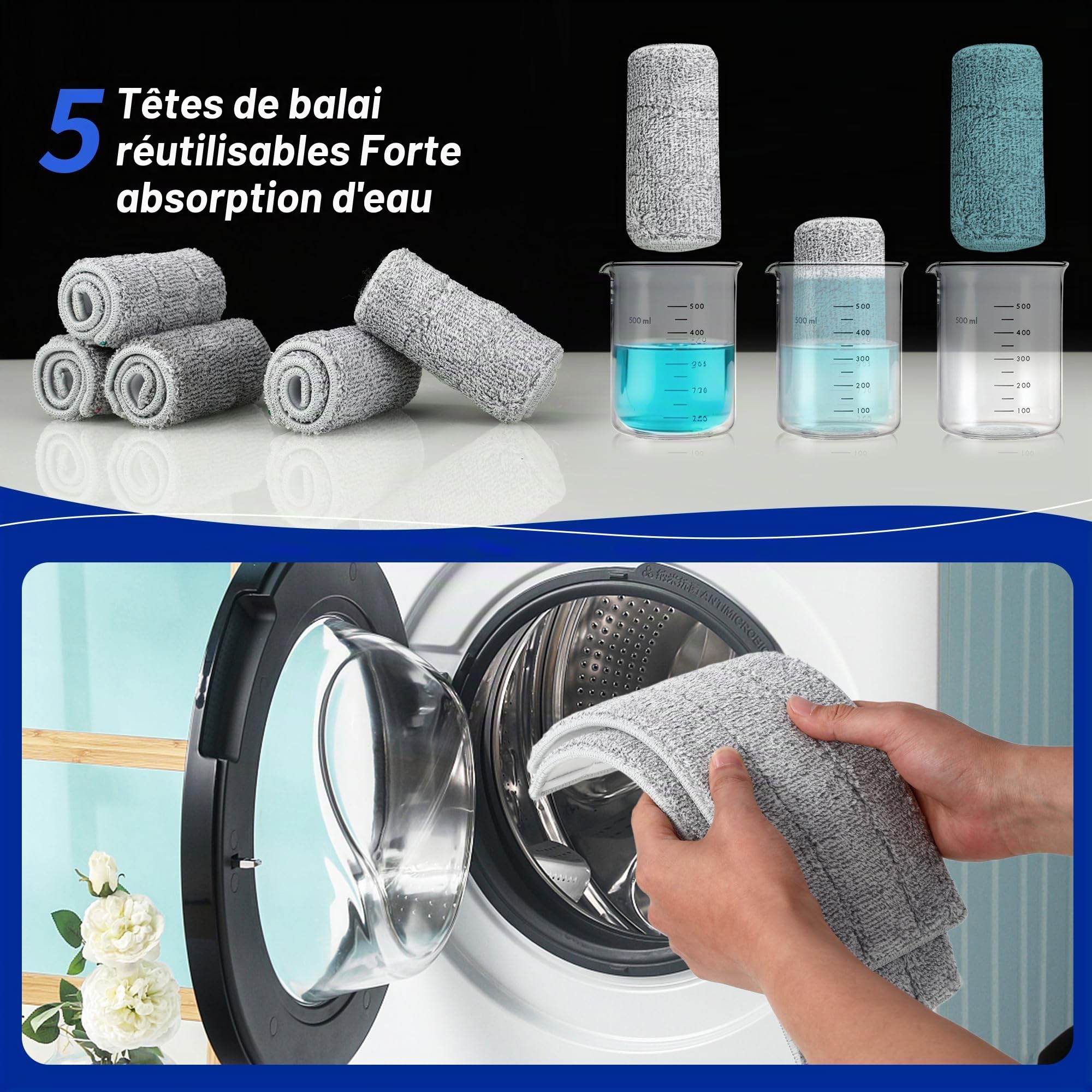 Serpillere Microfibre, Balai Serpillère et Seau Serpillere 2 en 1, Seau Essoreur avec 5 tampons en Microfibre lavables et poignée réglable en Acier Inoxydable, Mop Utilisation Humide et sèche, Blanc