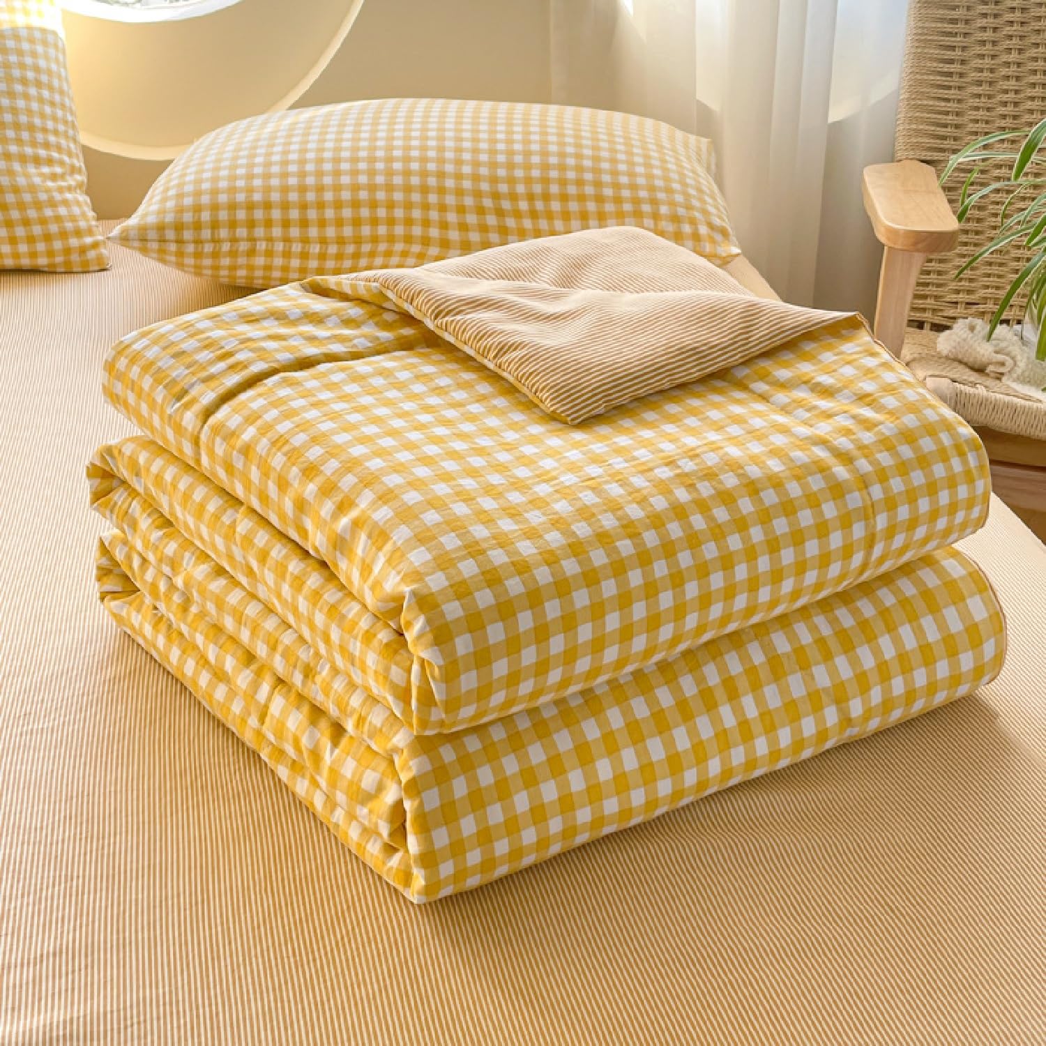 Dünne Sommerdecke Ohne Bezug, Waschbar Baumwolle, Leicht, Kinder Bettdecke Ohne Bezug, Einfacher Streifendruck, Kühlende Sommer Decke, Wohnzimmer, Schlafzimmer Steppdecke (Gelb,150x200cm)