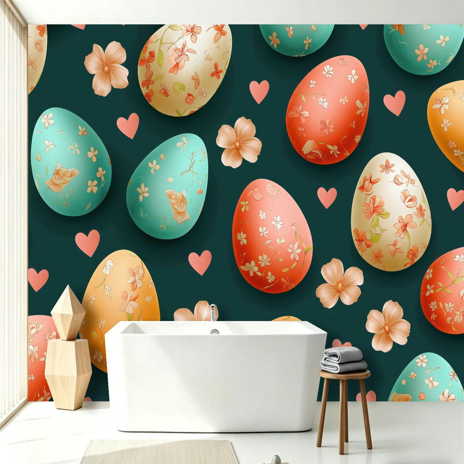 Papel pintado fotográfico simple festivo huevos de Pascua flores efecto 3D XXL 300 x 210 cm – Papel pintado no tejido verde – Mural Fotomurales Decoración de pared para tienda de regalos, restaurante