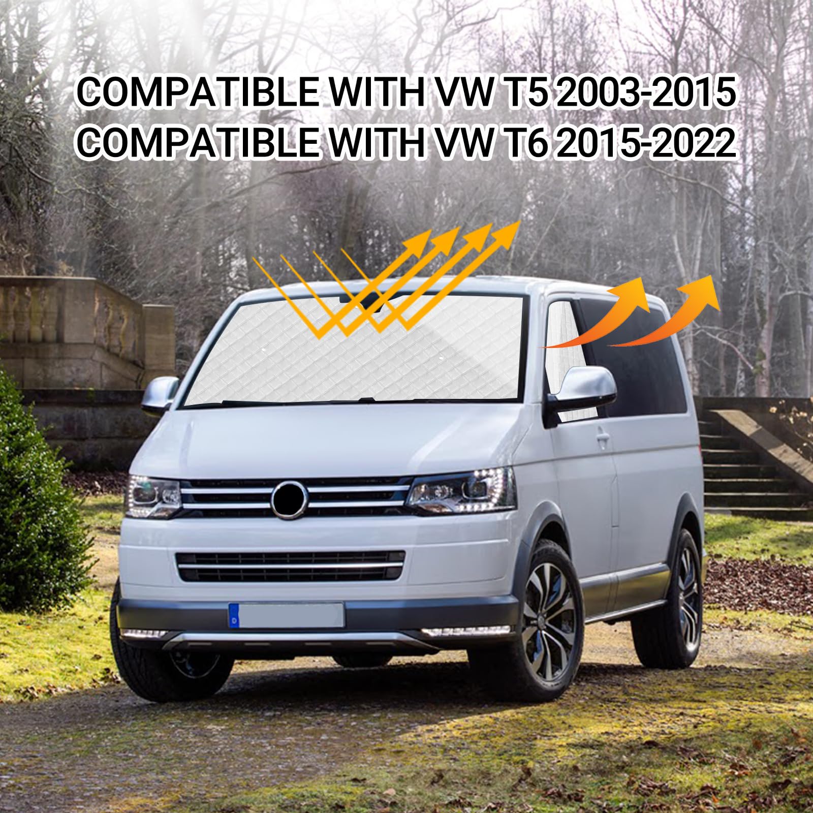 osłona na przednią szybę, kompatybilna z VW T5 T6, zestaw 3 sztuk osłon przeciwsłonecznych, wewnętrzna zasłona termiczna z torbą do przechowywania dla Transportera California, 100% zasłonięcie