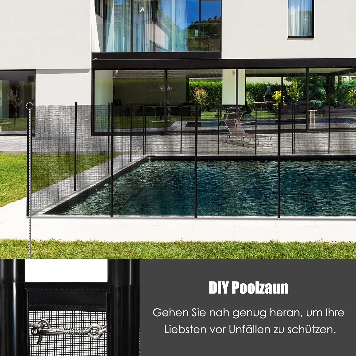 FANTASK Ogrodzenie basenowe 360 x 125 cm, ochrona przed dziećmi, ogrodzenie ochronne do basenu, ogrodu, kompletny zestaw do wbudowanych basenów