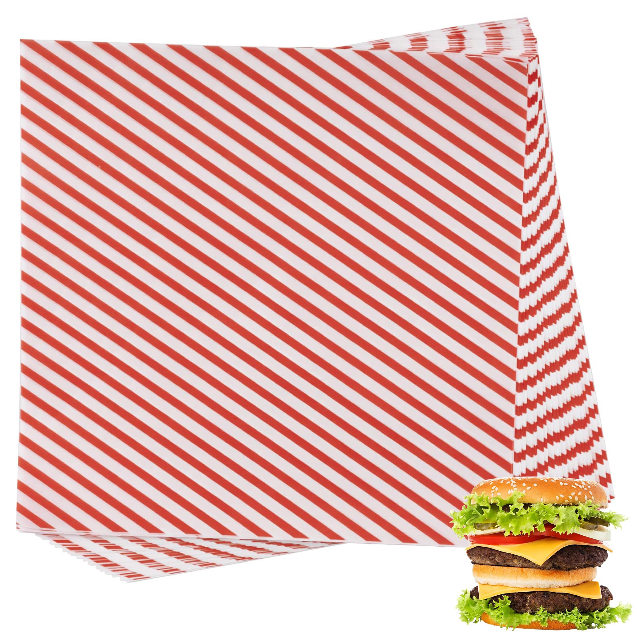 Suiwen 200 Sheets Red and White Striped Food Wrap, Dry Waxed Deli Paper, Paper Liners for Plastic Food Basket, Bread and Sandwich Wrap (12''x12'') (