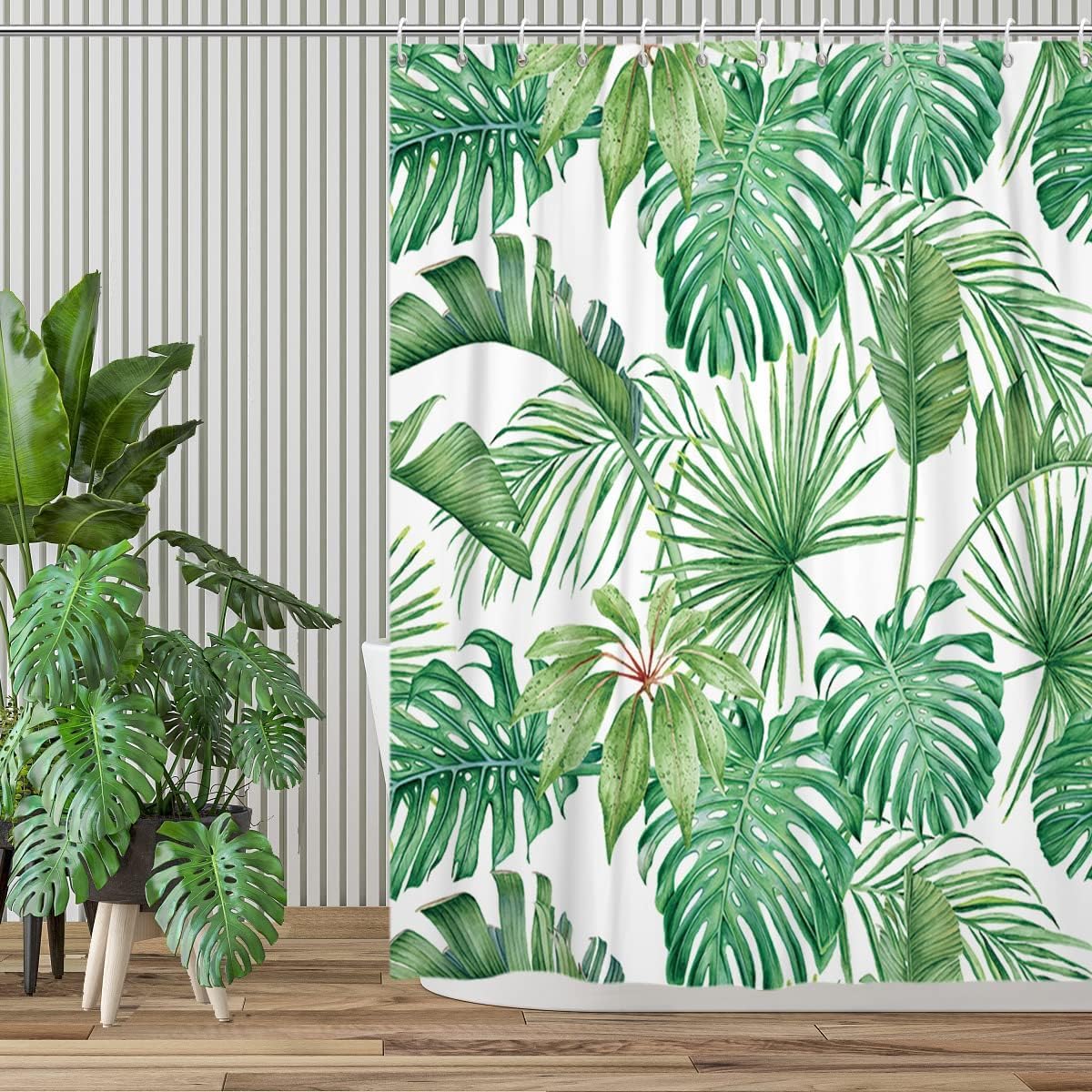 GCIREC Shower Curtain, 200x180cm, Summer Green Palms Banana Leaf Monstera Leaves Jungle Botanical Plants Waterproof Fabric Machine Washable Bathroom Curtain with Hooks