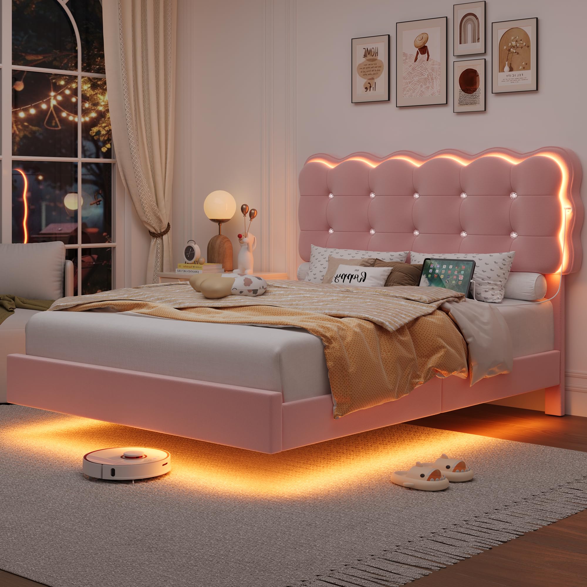 HIFIT Upholstered Full Size LED Bed Frame with Charging Station and Adjustable Crystal Button-Tufted Puffs Headboard, Velvet Princess Floating