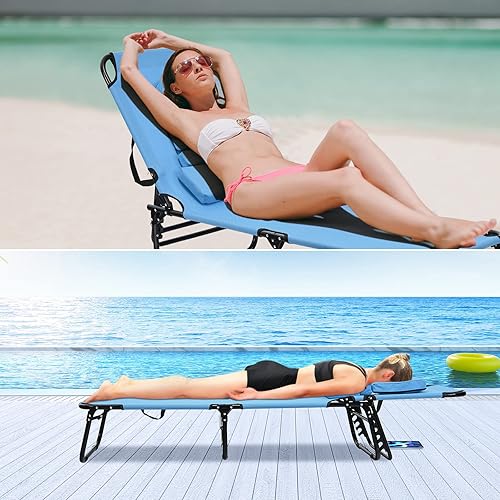 Miniatura 4 de Giantex Tumbona para exteriores, silla de playa plegable con 5 posiciones ajustables, agujero, almohada desmontable, cuerdas de mano, tumbona para