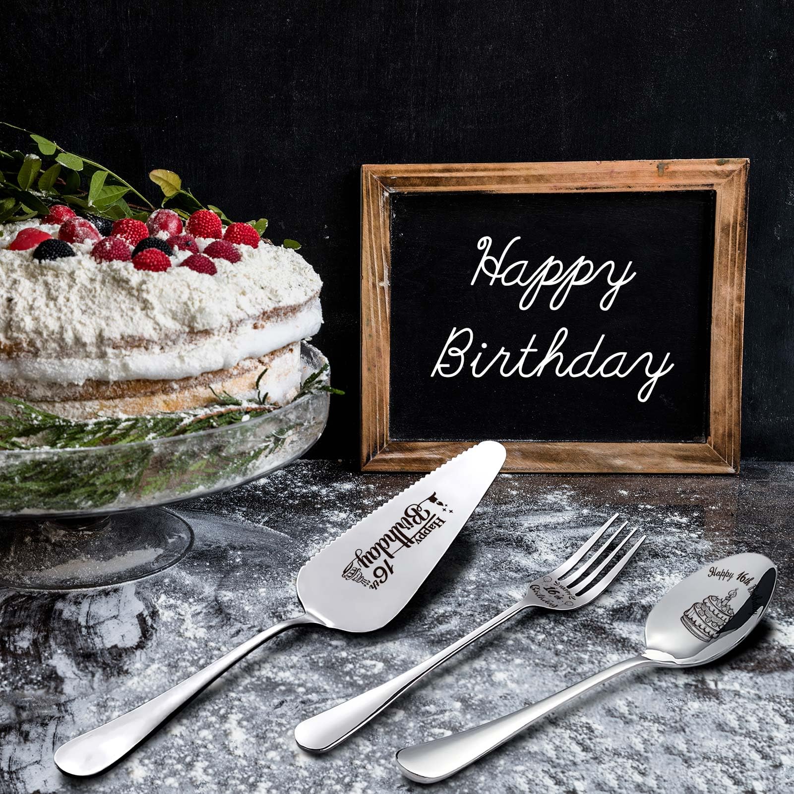 Juego de utensilios personalizados de acero inoxidable grabado con láser para fiesta de cumpleaños, servidor de pasteles, cuchara y tenedor para hijo, hija, sobrino, sobrina