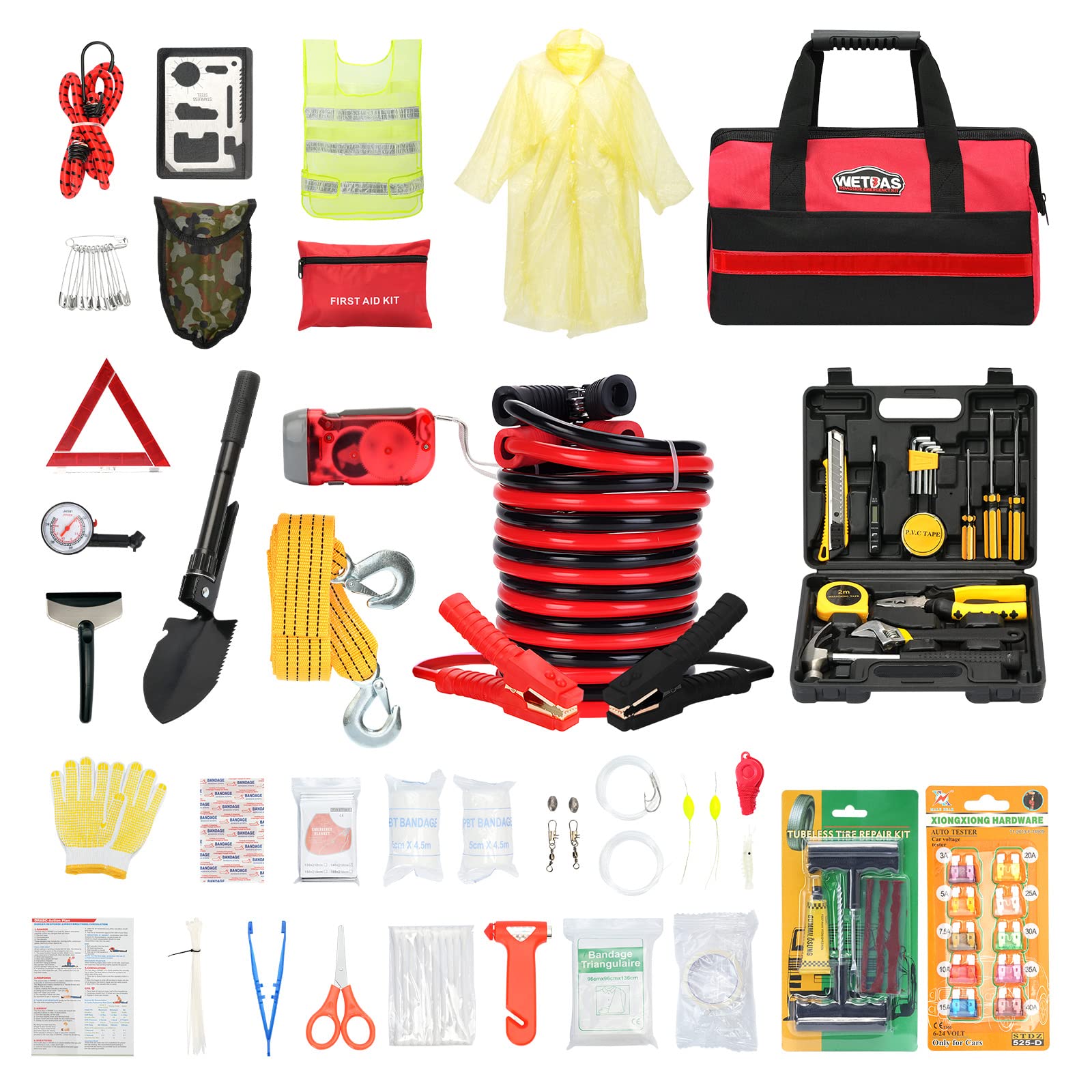 Car Roadside Emergency Kit with Jumper Cables, Auto Road Side Safety Kit for Vehicles - with Premium Carry Bag, Repair Tool Set, Folding Shovel, First Aid Kit, for Men, Women, Teenagers