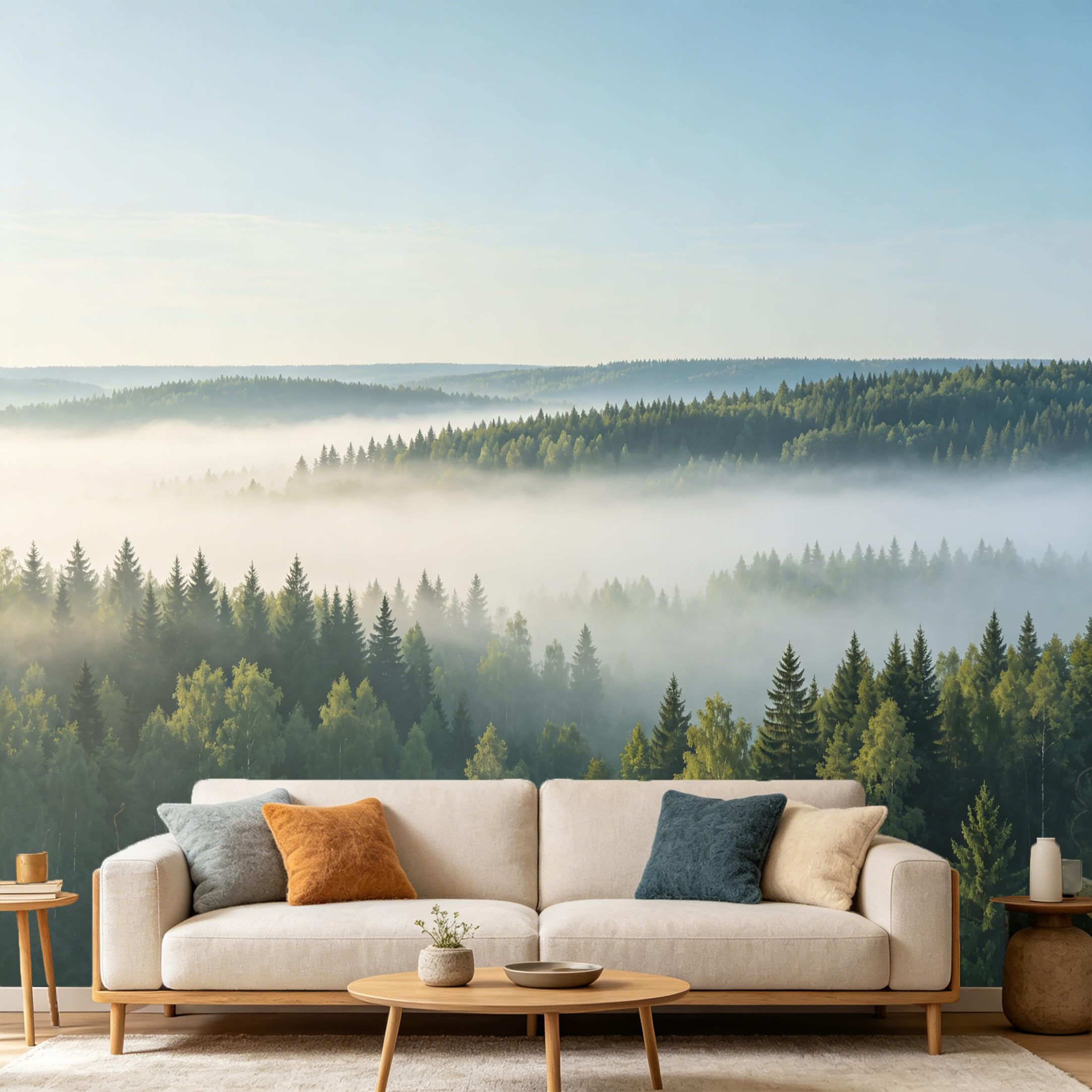 Custom Size Wall Mural Misty Pine Forest Landscape Mountain Nature Scenery SelfAdhesive Art Prints wall Fabric（No PVC） Removable Wallpaper Home Bedroom Decor Living Room