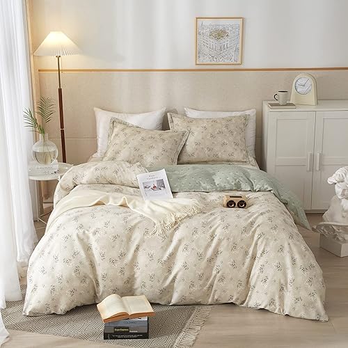 Juego de funda de edredón con diseño floral bohemio, estético, vintage, de algodón suave, estilo rústico, elegante, con patrón de flores blancas,