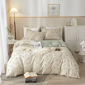 VM VOUGEMARKET Floral Bedding Twin Reversible Gray Beige Flower Duvet Cover Set,Cottagecore Duvet Cover Matching 2 Pillowcases 100% Cotton Chic Girls Bedding Set -Twin(68"x86")