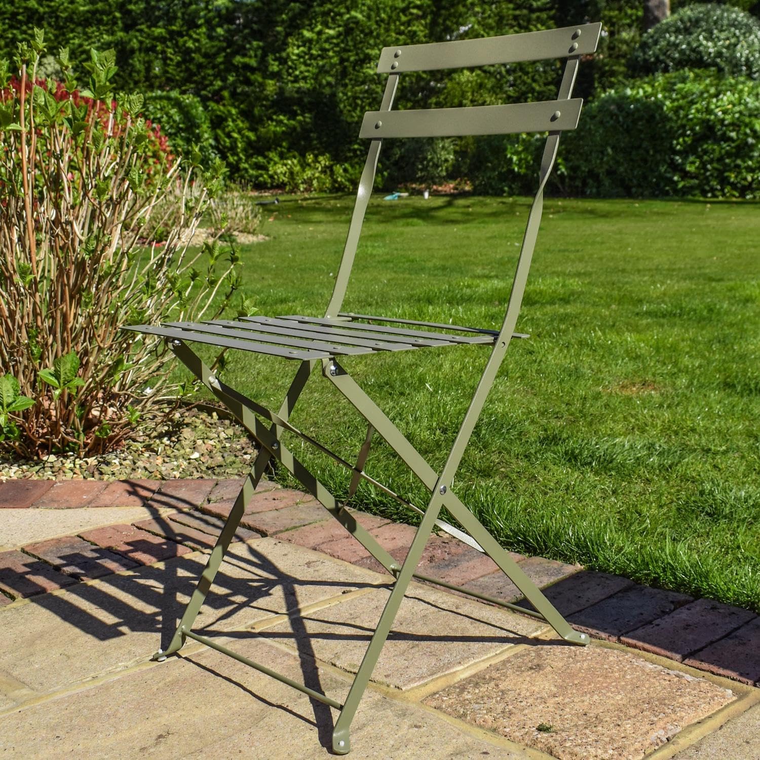 BPS® Deluxe Ensemble Bistro de Jardin | Table et chaises de Jardin en métal | Ensemble de mobilier de Patio 2 pièces | Durable | Table et chaises Pliantes 3 pièces (Olive - Square)