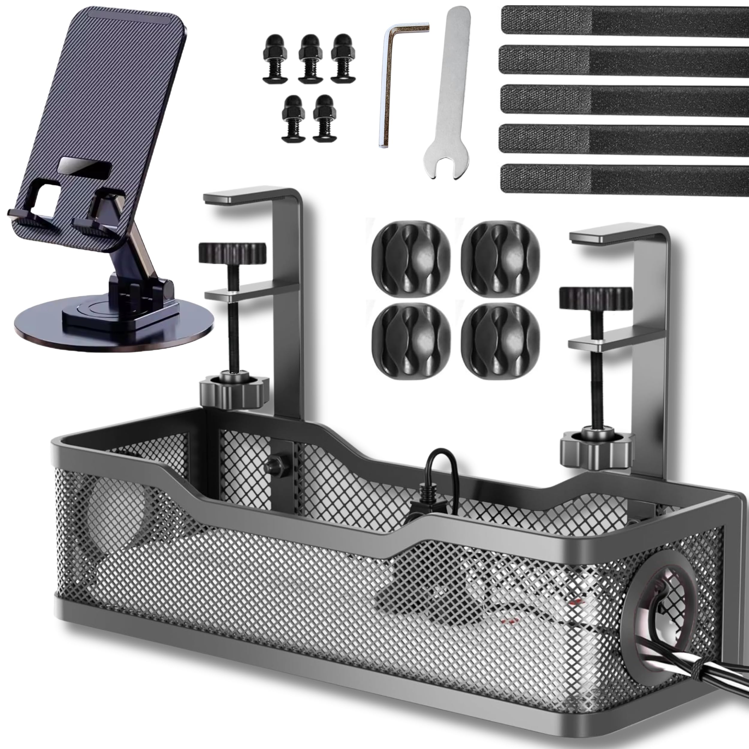 Joomouney Under Desk Cable Organizer Rack, Metal Under Table Cable Wire Management Holder for Power Extention, Power Cord, Network Cable Screw-Fixed Adjustable(Black)