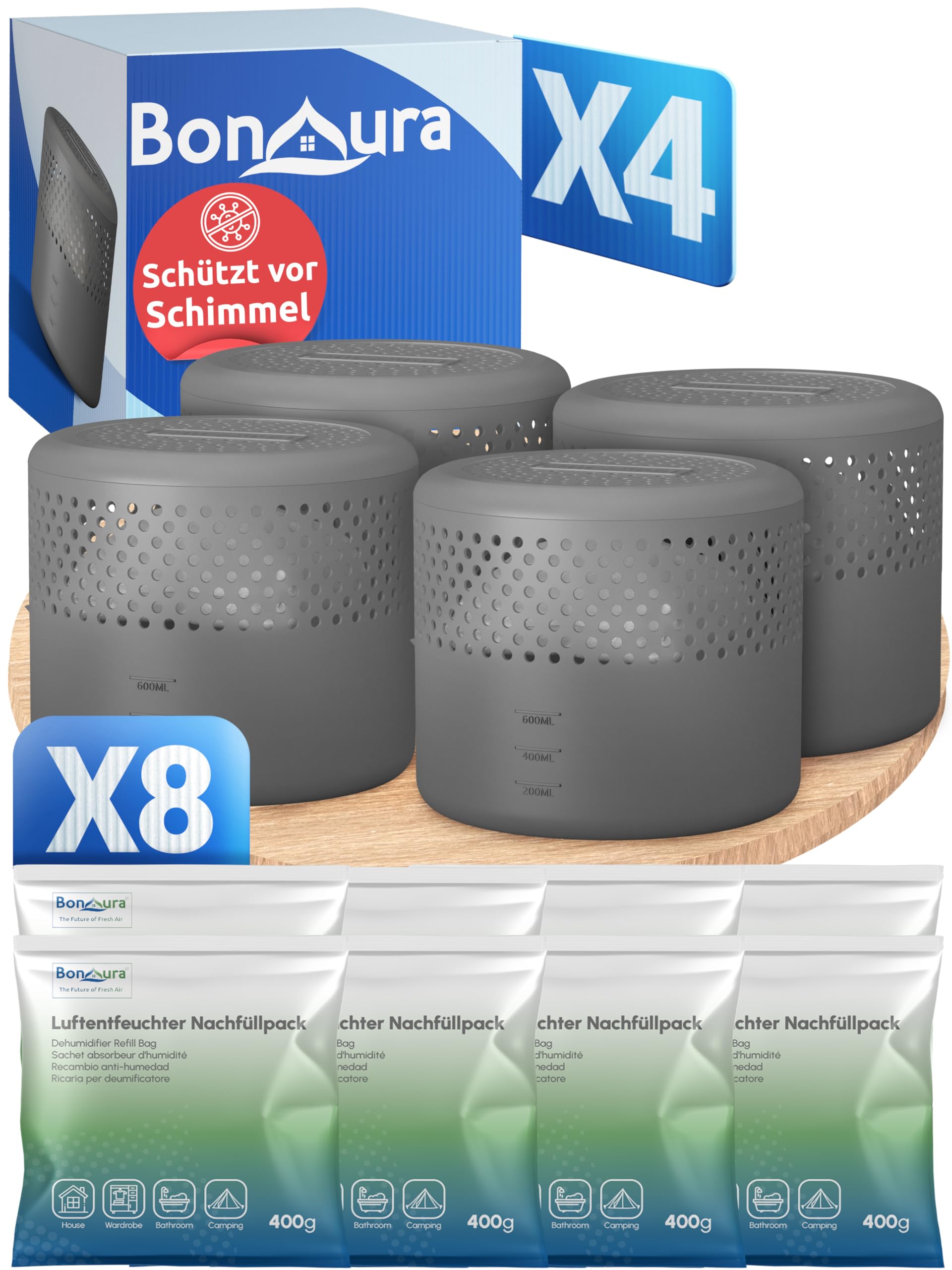 BonAura® 4x Luftentfeuchter ohne Strom + 8x 400g Luftenfeuchter Nachfüllpack - Raumentfeuchter bis 40m² für Keller, Bad uvm. - Entfeuchter und Luftentfeuchter Granulat im Set - Schutz vor Schimmel