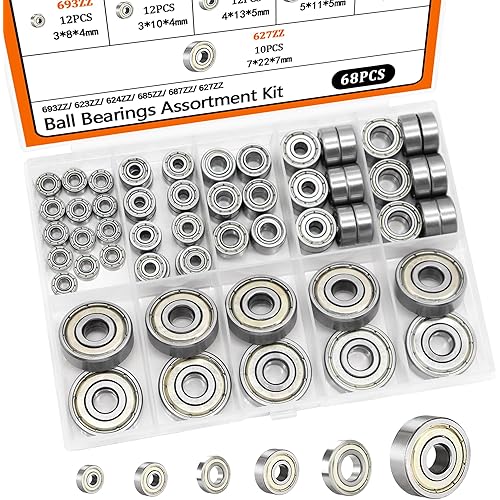 Dianrui 68 PCS 693ZZ/ 623ZZ/ 624ZZ/ 685ZZ/ 687ZZ/ 627ZZ Ball Bearings Assortment Kit, Small Bearings Carbon Steel Deep Groove Bearing, for Furniture Wheel, Roller Skates, 3D Printing and ect —6 Size