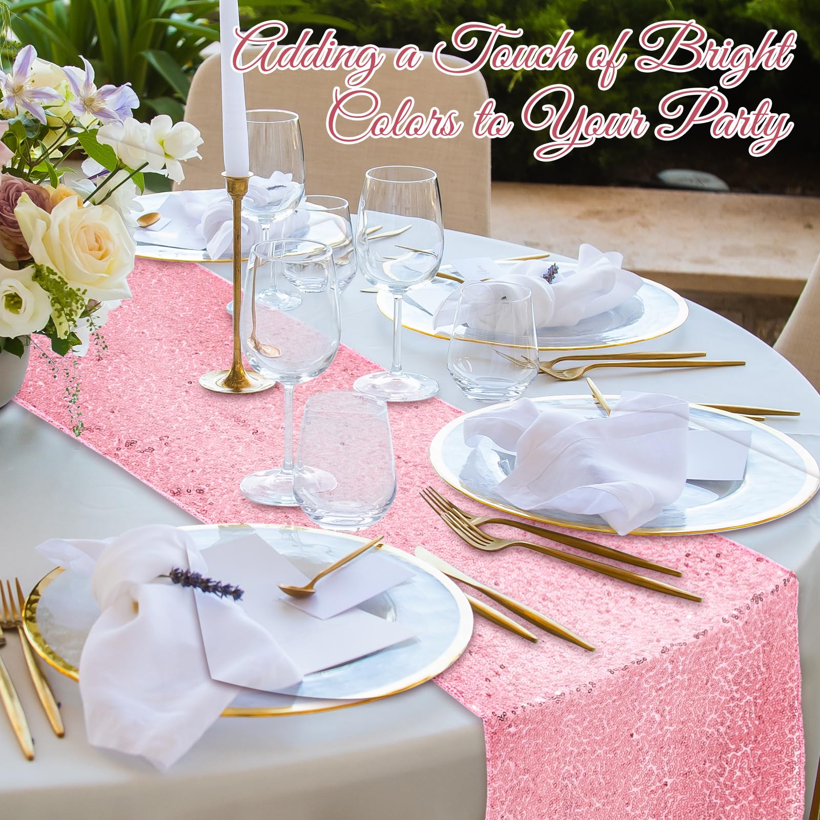 Camino de mesa de lentejuelas de 12 x 108 pulgadas, color rosa y verde, camino de mesa de comedor con purpurina para fiesta de cumpleaños, fiesta temática de princesa, suministros de boda