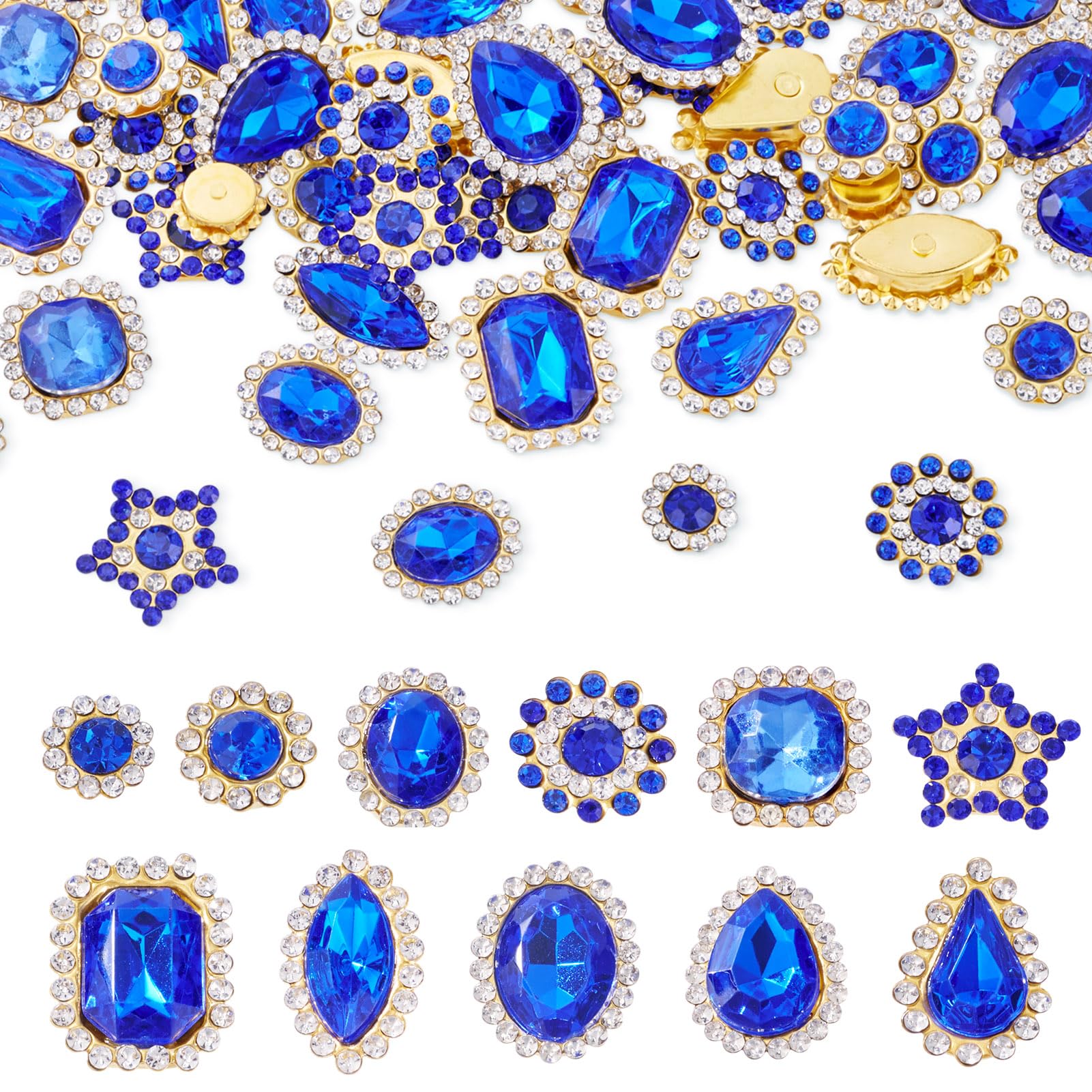 Spritewelry 100 Pcs Sew on Rhinestones Mixed Shapes Acrylic Blue Rhinestones Sew on Crystal Gems Metal Flatback with Gold Claw for Jewelry Making Garments Sewing Wedding Decor