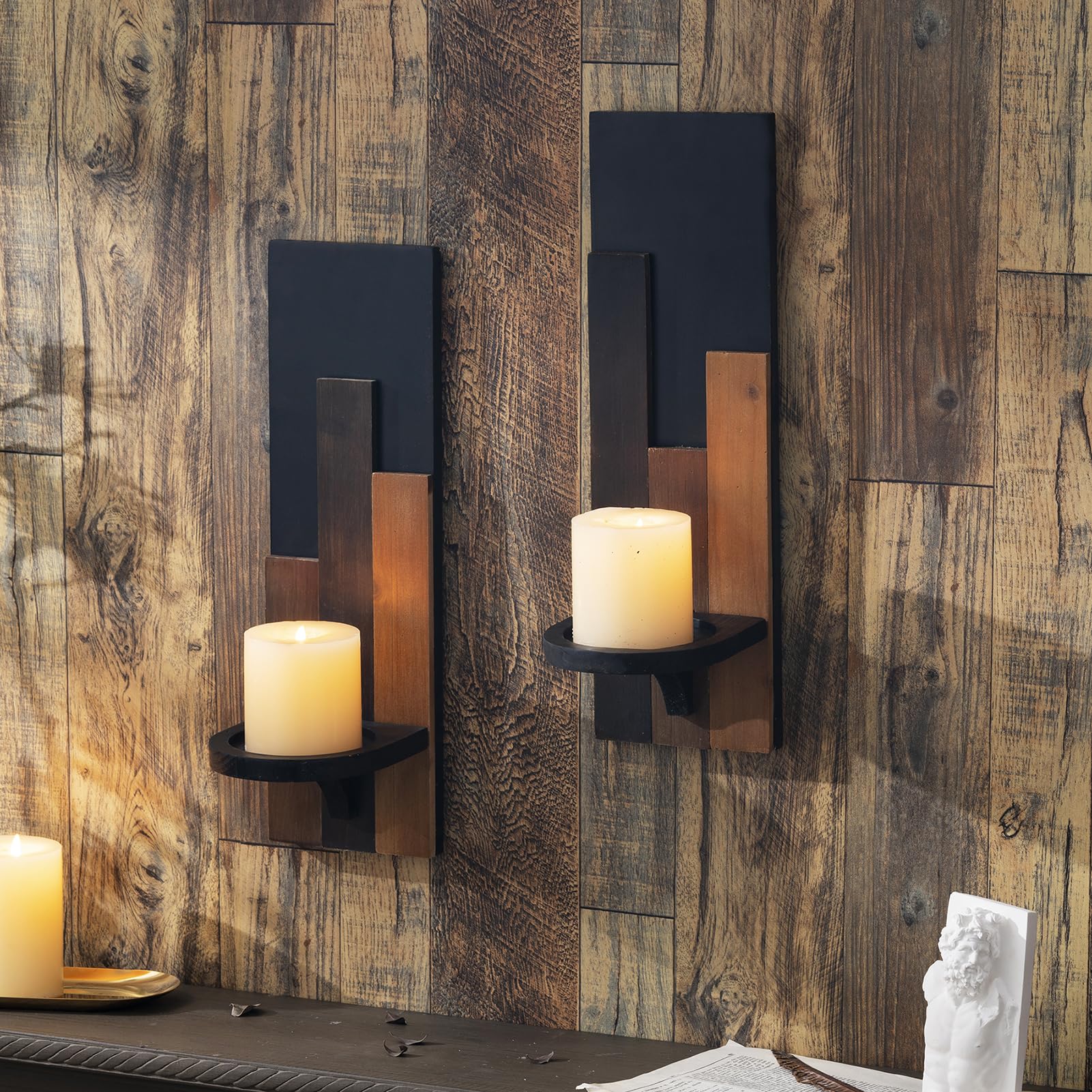 2 Stück Wandkerzenhalter Holz Wand Kerzenhalter Schwarz Holzspleißen Design Wandhalterung Kerzenständer Deko für Kerzen Vintage Wanddeko Wandkerzenhalter