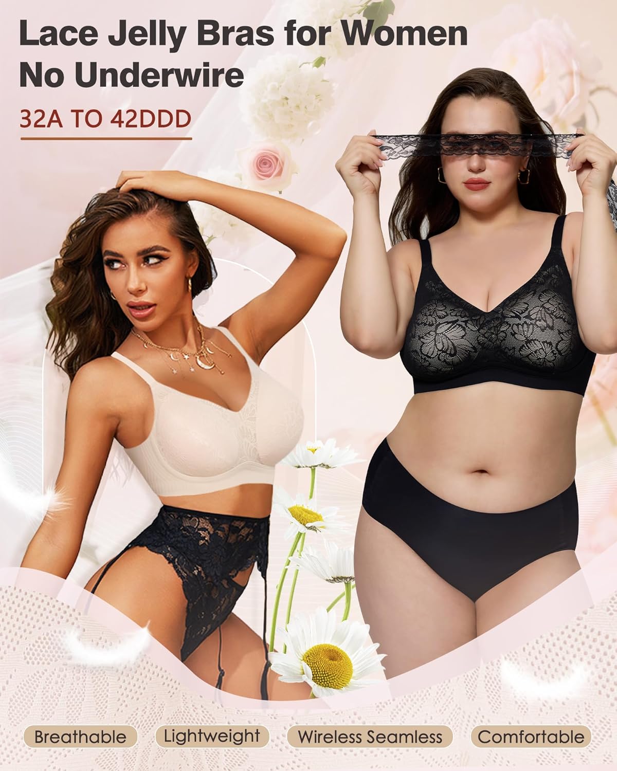 HORISUN Lace Jelly Bras for Women No Underwire Seamless Wireless V Neck Push Up No Wire Full Coverage Bralettes - Image 2