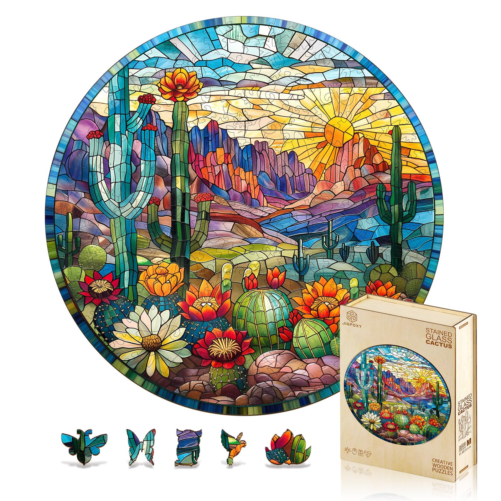 Jigfoxy Wooden Puzzles for Adults, Stained Glass Cactus Wood Puzzle for Adults, Unique Animal-Shaped Wooden Jigsaw Puzzle, Christmas Thanksgiving
