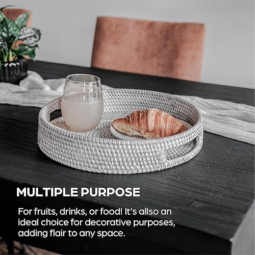Miniatura 9 de Bandeja redonda de ratán de 12 pulgadas, moderna bandeja tejida con asas para mesa de comedor, sala de estar, decoración de patio, elegante bandeja