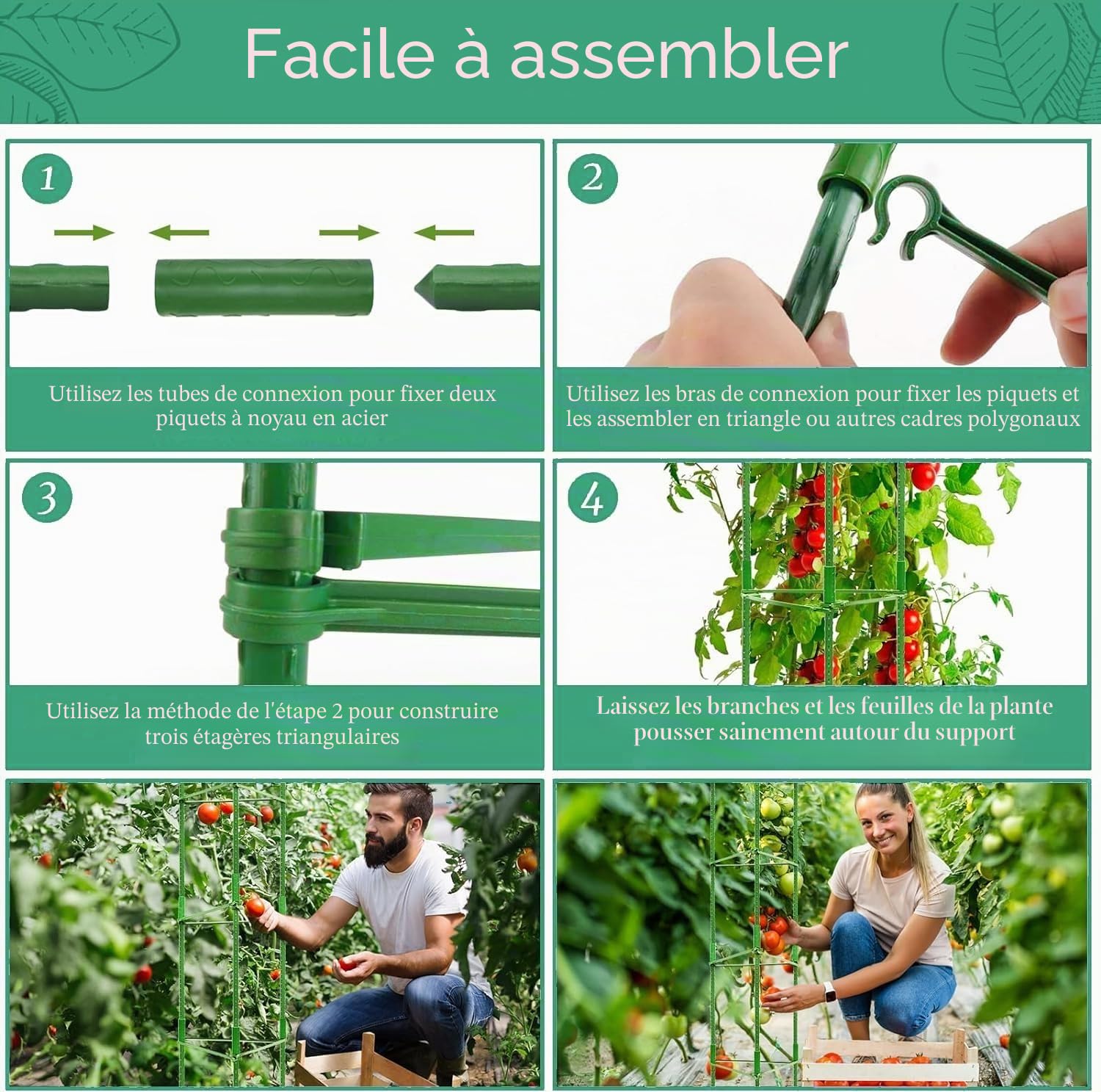 KAHEIGN 2 Pièces Cages à Tomates de Jardin, 160CM Treillis de Cadre de Support pour Plantes Réglable pour Verticale Escalade Usine Légumes Fleur Fruits Vigne - avec 60 Attaches Torsadées, 20 Pinces