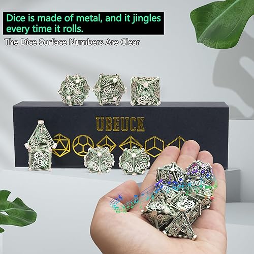 Miniatura 6 de DND - Juego de dados de metal, UBEUCK 7 piezas de dados de metal DND para cajas de juegos de mesa de Calabozos y Dragones (verde engranaje)