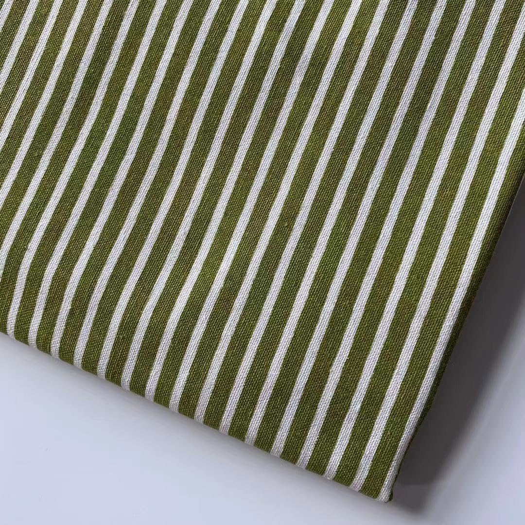 ONECHANCE Cotton Linen Blend Striped Fabric by The Metre 150cm Wide Printed Decoraive Fabric for Crafts, Tablecloth Making or DIY Projects Color 0.6cm Stripe Green Size 2 Metres