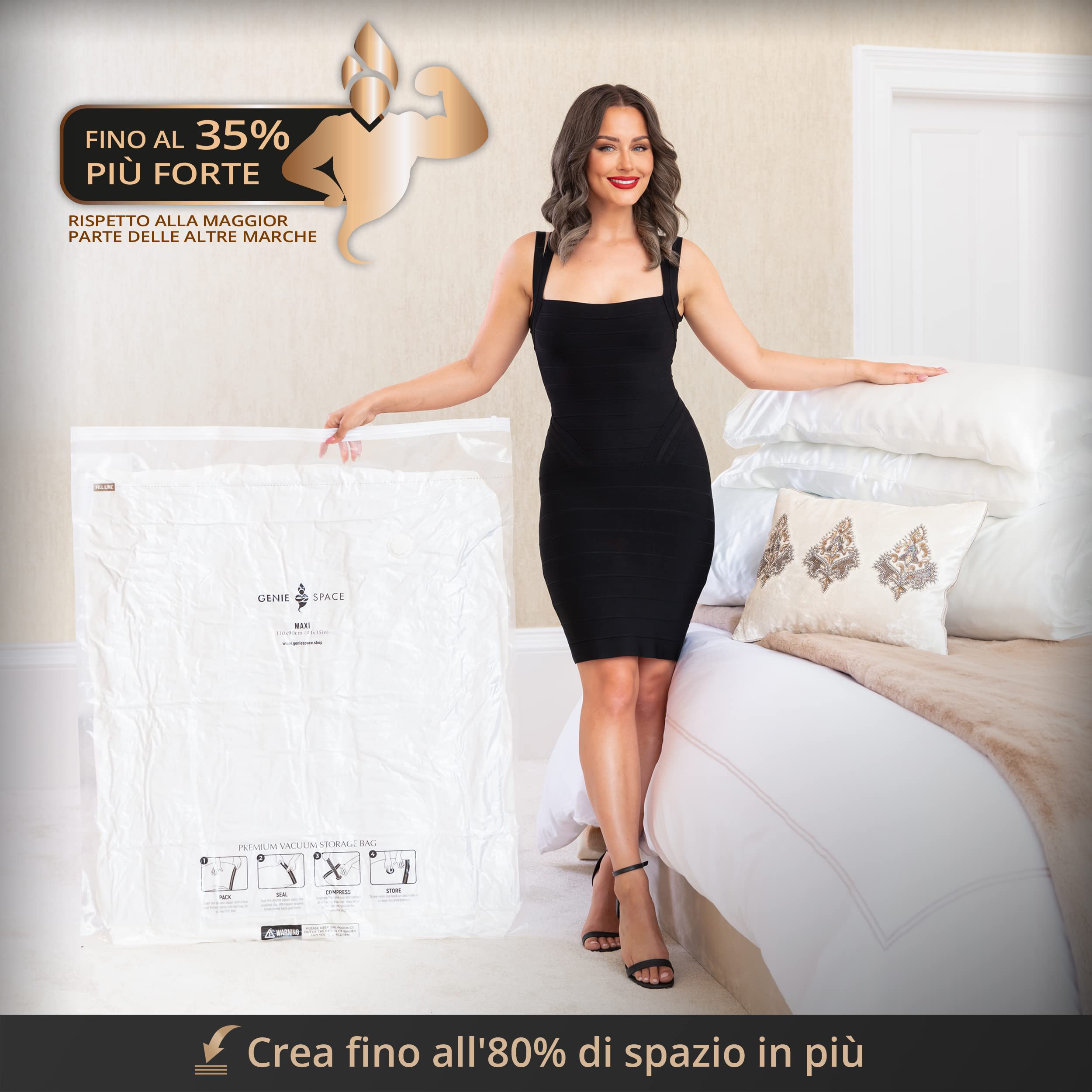 GENIE SPACE Sacchetti Sottovuoto Premium per Vestiti e Biancheria, MAXI 110x90cm (4 Pezzi) con Pompa da Viaggio – Riutilizzabili, Ermetici e Anti-odore per Armadi, Cassetti e Valigie